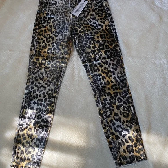 L'AGENCE Margot Metallic Foil Coated Leopard Print High Rise Crop Skinny…
